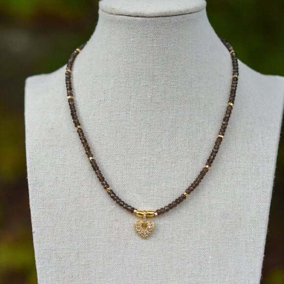 Smokey Quartz Choker Necklace with Gold Heart Pendant – 15.5-17” - Picture 2 of 5